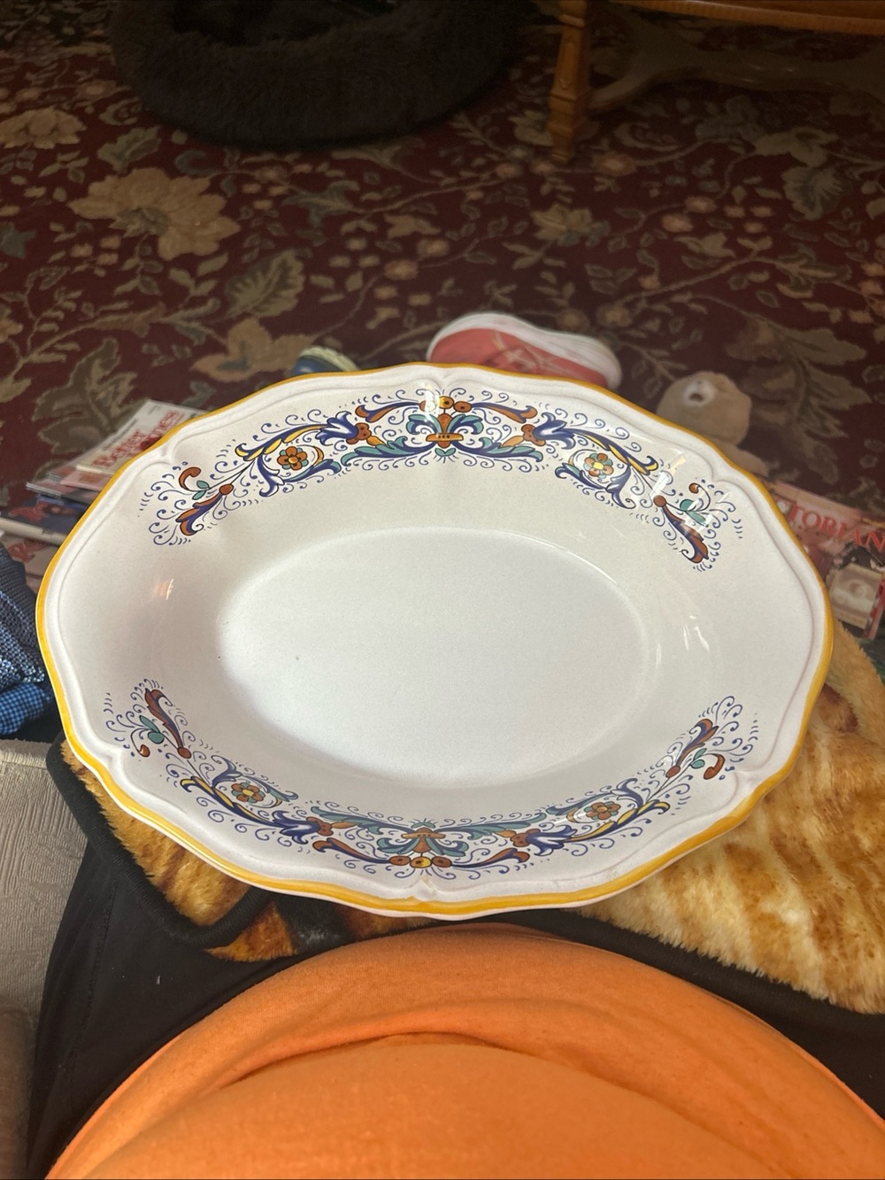 White Ceramic Serving Bowl with Yellow Rim and Multicolor Floral Scroll Accents
